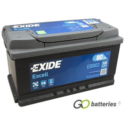 EXIDE EB802 12 volt 80 amp 700 cold cranking amps battery. Black case with a grey top and carrying handle. Also know as type 110.
