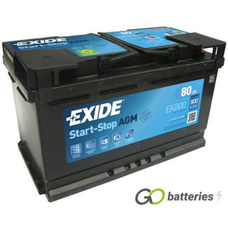 EXIDE EK800 AGM Start-Stop battery. 12 volt 80 amp 800 cold cranking amps. Black case with carrying handle. Also known as a 115AGM.