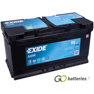 EXIDE EK950 AGM Start-Stop battery. 12 volt 95 amp 850 cold cranking amps. Black case with carrying handle. Also known as a 017AGM or 019AGM.