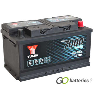 Yuasa YBX7110 EFB Start-Stop battery. 12 volt 75 amp 730 cold cranking amps, with positive terminal on the right hand side with the terminals closest to you. Black case with carrying handles, also known as 110EFB.