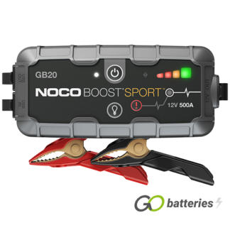 Noco GB20 12 volt 500 amp Boost Sport battery jump starter. LED charge status and ultra-bright 100 lumen LED light with 7 light modes including SOS and emergency strobe. Heavy duty cable. Grey and black case.
