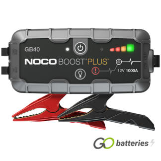 Noco GB40 12 volt 1000 amp Boost Plus battery jump starter. LED charge status and ultra-bright 100 lumen LED light with 7 light modes including SOS and emergency strobe. Heavy duty cable. Grey and black case.