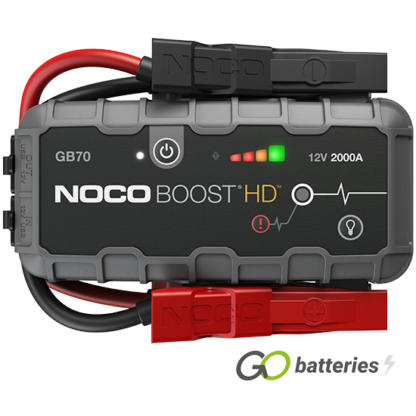 Noco GB70 12 volt 2000 amp Boost HD battery jump starter. LED charge status and ultra-bright 400 lumen LED light with 7 light modes including SOS and emergency strobe. Heavy duty cable. Grey and black case.