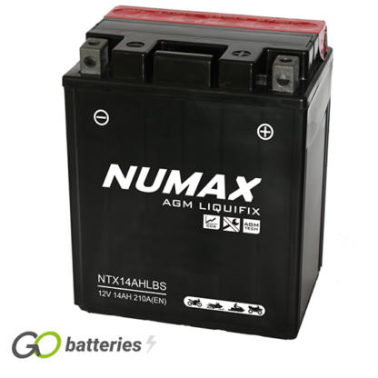 Numax YTX14AHL-BS AGM Battery. 12 volt 14Ah 210 cold cranking amps. Black case with the positive terminal on the right hand side with the terminals closest to you.