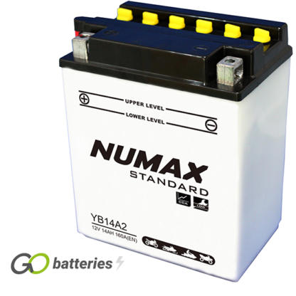 Numax YB14-B2 Motorcycle Battery 12V 14Ah 160 cold cranking amps opaque case with black lid and the positive terminal is on the left hand side with the terminals closest to you.
