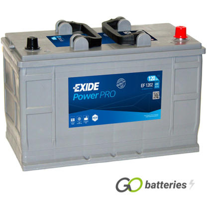 EXIDE EF1202 PowerPRO heavy duty battery. 12 volt 120 amp 870 cold cranking amps. Grey case with centrally located carrying handles. Positive on the right hand side with the terminals closest to you.