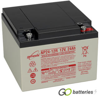 Genesis NP24-12 12 volt 24 amp AGM VRLA battery. Grey case with a black top and the terminals are threaded screw in type and the positive terminal is on the right hand side with the terminals closest to you.