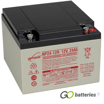 Genesis NP24-12 12 volt 24 amp AGM battery. Grey case with a black top and the terminals are spade connectors.