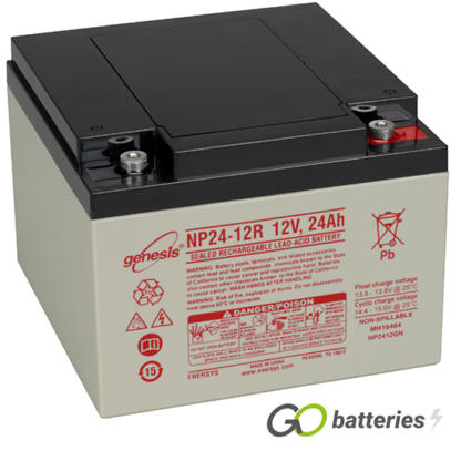 Genesis NP24-12 12 volt 24 amp AGM VRLA battery. Grey case with a black top and the terminals are threaded screw in type and the positive terminal is on the right hand side with the terminals closest to you.