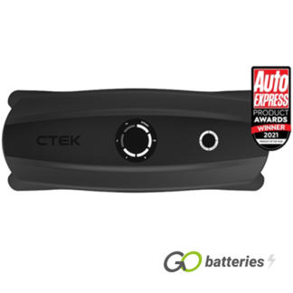 CTEK CS FREE Portable 12 volt 20 amp battery charger. Black unit with LED lights on top.