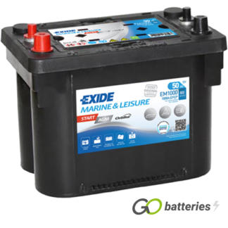 EXIDE EM1000 AGM battery. 12 volt 50 amp 800 cold cranking amps. Black case with dual terminals.