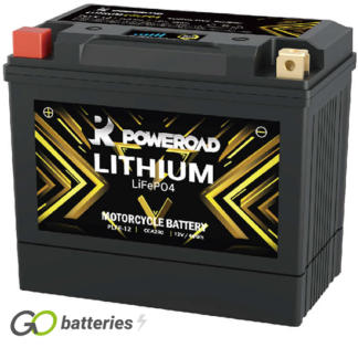 Poweroad YTX12-BS Lithium motocycle battery. 12 volt 4 amp, 280 cold cranking amps. Black case with LED charge status and terminal layout with positive on the left with terminals closest to you. Also know as PLFE-12.