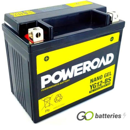 Poweroad YTX12-BS High Performance Nano Gel battery. 12 volt 12 amp, 305 cold cranking amps. Black case with yellow label, terminal layout positive left with terminals closest to you. Also known as YG12-BS.