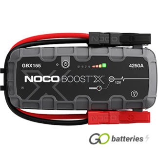 Noco GBX155 Boost X 12 volt 4250 amp battery jump starter. LED charge status on the front. Ultra-bright 500 lumen LED light with 7 light modes including SOS and emergency strobe. Heavy duty cables. Grey and black case.