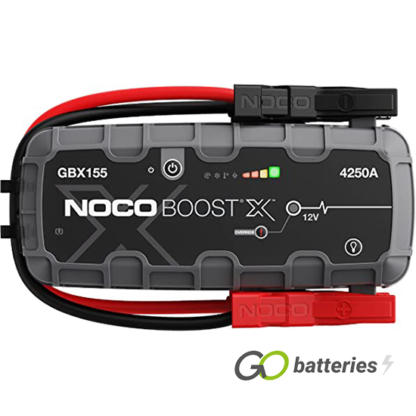 Noco GBX155 Boost X 12 volt 4250 amp battery jump starter. LED charge status on the front. Ultra-bright 500 lumen LED light with 7 light modes including SOS and emergency strobe. Heavy duty cables. Grey and black case.