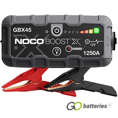 Noco GBX45 Boost X 12 volt 1250 amp battery jump starter. LED charge status on the front. Ultra-bright 100 lumen LED light with 7 light modes including SOS and emergency strobe. Heavy duty cables. Grey and black case.