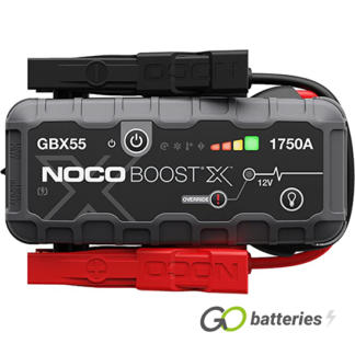 Noco GBX55 Boost X 12 volt 1750 amp battery jump starter. LED charge status on the front. Ultra-bright 200 lumen LED light with 7 light modes including SOS and emergency strobe. Heavy duty cables. Grey and black case.