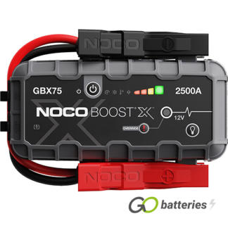 Noco GBX75 Boost X 12 volt 2500 amp battery jump starter. LED charge status on the front. Ultra-bright 400 lumen LED light with 7 light modes including SOS and emergency strobe. Heavy duty cables. Grey and black case.