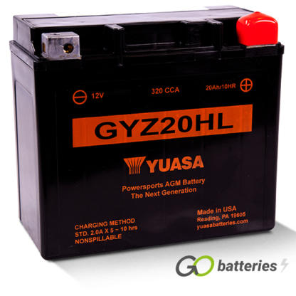 Yuasa GYZ20HL High Performance AGM battery, 12 volt 21 amp, 320 cold cranking amps. Black case with positive terminal on the right hand side with the terminals closest to you.