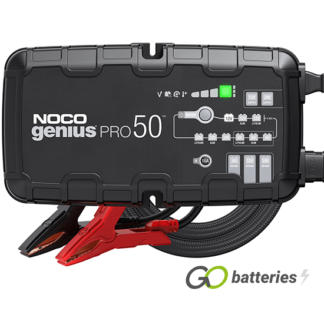 Noco Genius PRO50 Professional Battery charger. 6 volt, 12 volt and 24 volt 50 amp charging capability. Black unit with modes button and display very robust with very heavy duty cables.