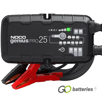 Noco Genius PRO25 Professional Battery charger. 6 volt, 12 volt and 24 volt 25 amp charging capability. Black unit with modes button and display very robust with very heavy duty cables.