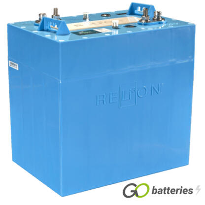 Relion InSight 48 volt 30 amp Lithium Golf Cart Battery. All blue case with dual terminals and hooks for a lifting strap.
