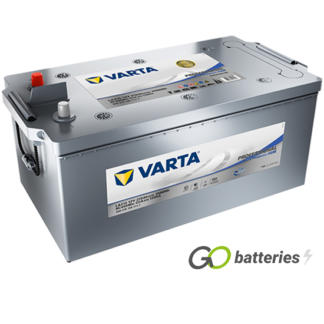 Varta LA210 Professional Dual Purpose AGM Leisure Battery, 12 volt 210 amps, 1200 cold cranking amps. Silver case with terminals at one end and with the positive terminal on the left hand side with them closest to you.