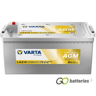 Varta LA210 Professional AGM Dual Purpose Leisure Battery, 12 volt 210 amps, 1200 cold cranking amps. Silver case with terminals at one end and with the positive terminal on the left hand side with them closest to you.