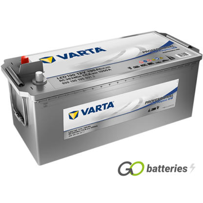 Varta LED190 Dual Purpose Leisure and Marine Battery, 12 volt 190 amps, 1050 cold cranking amps. Silver case with terminals at one end and with the positive terminal on the left hand side with them closest to you. Previous part number LFD180.
