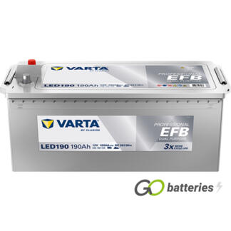 Varta LED190 Professional EFB Dual Purpose Leisure and Marine Battery, 12 volt 190 amps, 1050 cold cranking amps. Silver case with terminals at one end and with the positive terminal on the left hand side with them closest to you. Previous part number LFD180.