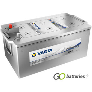 Varta LED240 Professional Dual Purpose EFB Battery 12V 240Ah 1200 cold cranking amps Silver case with terminals at one end and carrying handles at each end.