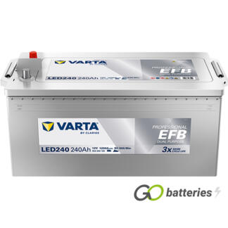 Varta LED240 Professional EFB Dual Purpose Leisure and Marine Battery, 12 volt 240 amps, 1200 cold cranking amps. Silver case with terminals at one end and with the positive terminal on the left hand side with them closest to you. Previous part number LFD230.
