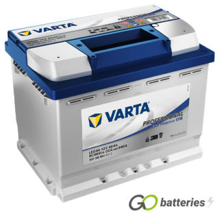 Varta LED60 Professional Dual Purpose EFB Leisure Battery 12V 60Ah 640 cold cranking amps, Silver case with a blue top and the positive terminal on the right hand side with the terminals closest to you. Also has carrying handle.