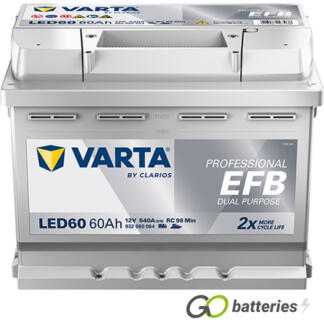 Varta LED60 Professional EFB Dual Purpose Leisure Battery 12V 60Ah 640 cold cranking amps, Silver case with the positive terminal on the right hand side with the terminals closest to you. Also has carrying handle.