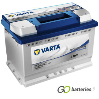 Varta LED70 Professional Dual Purpose EFB Battery 12V 70Ah 760 cold cranking amps, Silver case with Blue top and the positive terminal is on the right hand side with the terminals closest to you. Also has carrying handle.