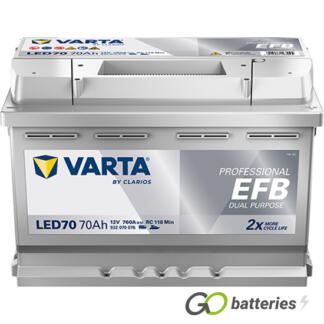 Varta LED70 Professional EFB Dual Purpose Battery 12V 70Ah 760 cold cranking amps, Silver case with the positive terminal on the right hand side with the terminals closest to you. Also has carrying handle.