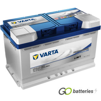 Varta LED80 Professional Dual Purpose EFB Leisure Battery 12V 80Ah 800 cold cranking amps, Silver case with Blue top and the positive terminal is on the right hand side with the terminals closest to you. Also has carrying handle.