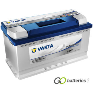 Varta LED95 Professional Dual Purpose EFB Battery 12V 95Ah 850 cold cranking amps, Silver case with Blue top and the positive terminal is on the right hand side with the terminals closest to you. Also has carrying handle.