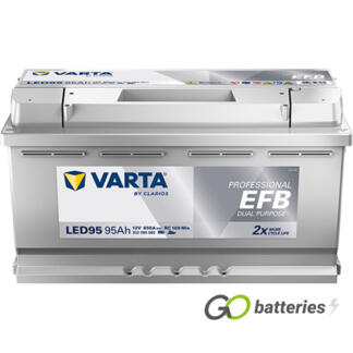 Varta LED95 Professional EFB Dual Purpose Battery 12V 95Ah 850 cold cranking amps, Silver case with the positive terminal on the right hand side with the terminals closest to you. Also has carrying handle. 019EFB