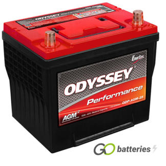 Odyssey ODP-AGM25 Performance battery 12V 59Ah 765 cold cranking amps and 1200 PHCA 5 second pulse current. Black case and red top with central carrying handle. Previous part number PC1400.