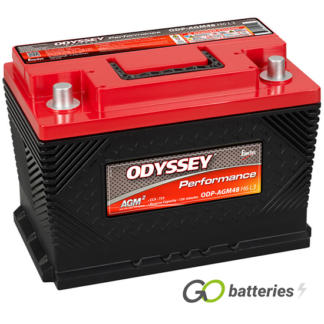 Odyssey ODP-AGM48 H6 L3 Performance AGM Battery. 12 volt 69 amps 720 cold cranking amps and 1250 pulse cranking amps. Black case with a red top and carrying handle. Positive terminal on the right hand side with the terminals closest to you. Previous number was a PC1220.