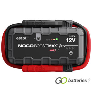 Noco GB250+ 12 volt 5250 amp Genius Boost Max battery jump starter. Digital voltage display and ultra-bright 600 lumen LED light with 7 light modes including SOS and emergency strobe. Heavy duty cable.