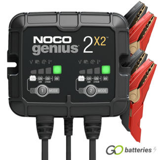 Noco Genius 2x2 6 volt and 12 volt 2 amp 2 bank smart battery charger. Black case with 2 sets of LED charge status displays and modes. two sets of heavy duty cables.