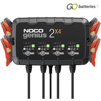 Noco Genius 2x4 6 volt and 12 volt 2 amp 4 bank smart battery charger. Black case with 4 sets of LED charge status displays and modes. Four sets of heavy duty cables.