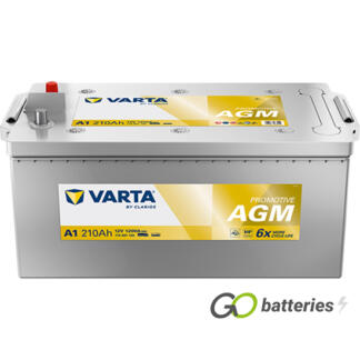 Varta A1 Promotive AGM Battery 12V 210Ah 1200 cold cranking amps, Silver case with terminals at one end and carrying handles at each end. 625AGM