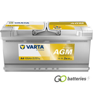 Varta A4 Dynamic AGM Start-Stop Battery 605 901 095 12V 105Ah 950 cold cranking amps silver case with central carrying handles. 020AGM