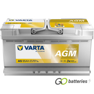 Varta A5 Dynamic AGM Start-Stop Battery 595 901 085 12V 95Ah 850 cold cranking amps silver case with central carrying handles. 019AGM