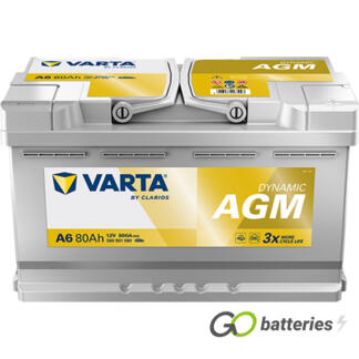 Varta A6 Dynamic AGM Start-Stop Battery 580 901 080 12V 80Ah 800 cold cranking amps silver case with central carrying handles. 115AGM