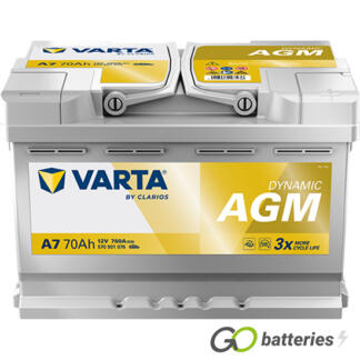 Varta A7 Dynamic AGM Start-Stop Battery 570 901 076 12V 70Ah 760 cold cranking amps silver case with central carrying handles. 096AGM