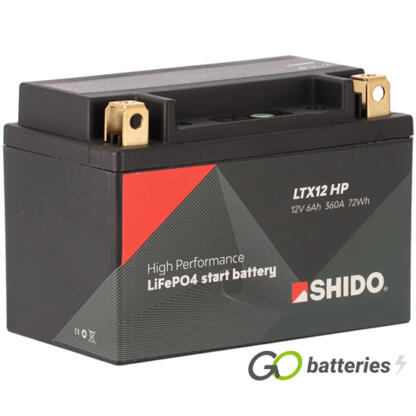 Shido LTX12 HP High Performance Lithium motorcycle battery 12V 6Ah 360 cold cranking amps black case and Copper terminals.